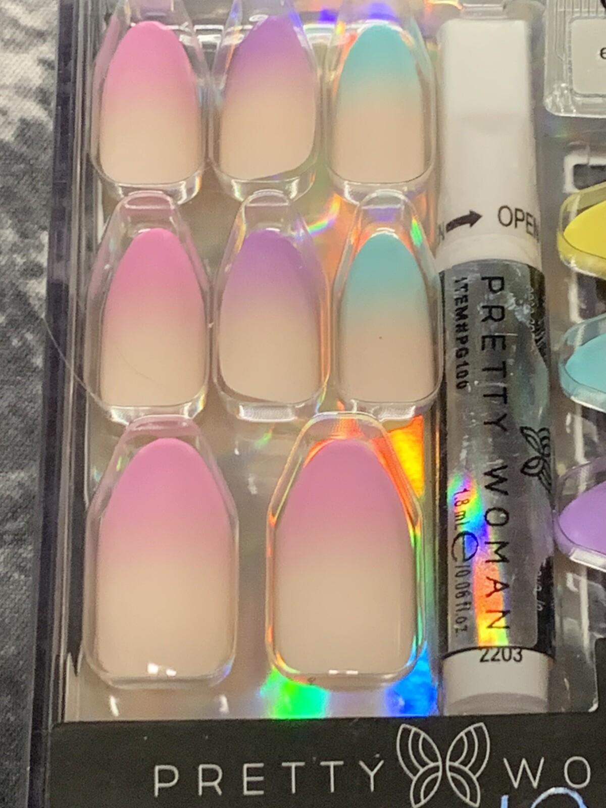 Pretty Woman Faux Nails Glue Included Rainbow Pink Blue Yellow Purple