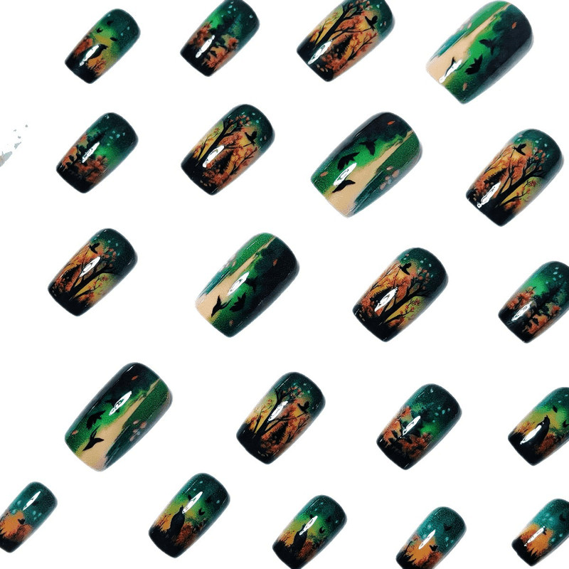 48Pcs Medium Oval Nails, Green Brown Tone, Forest Bird Silhouette