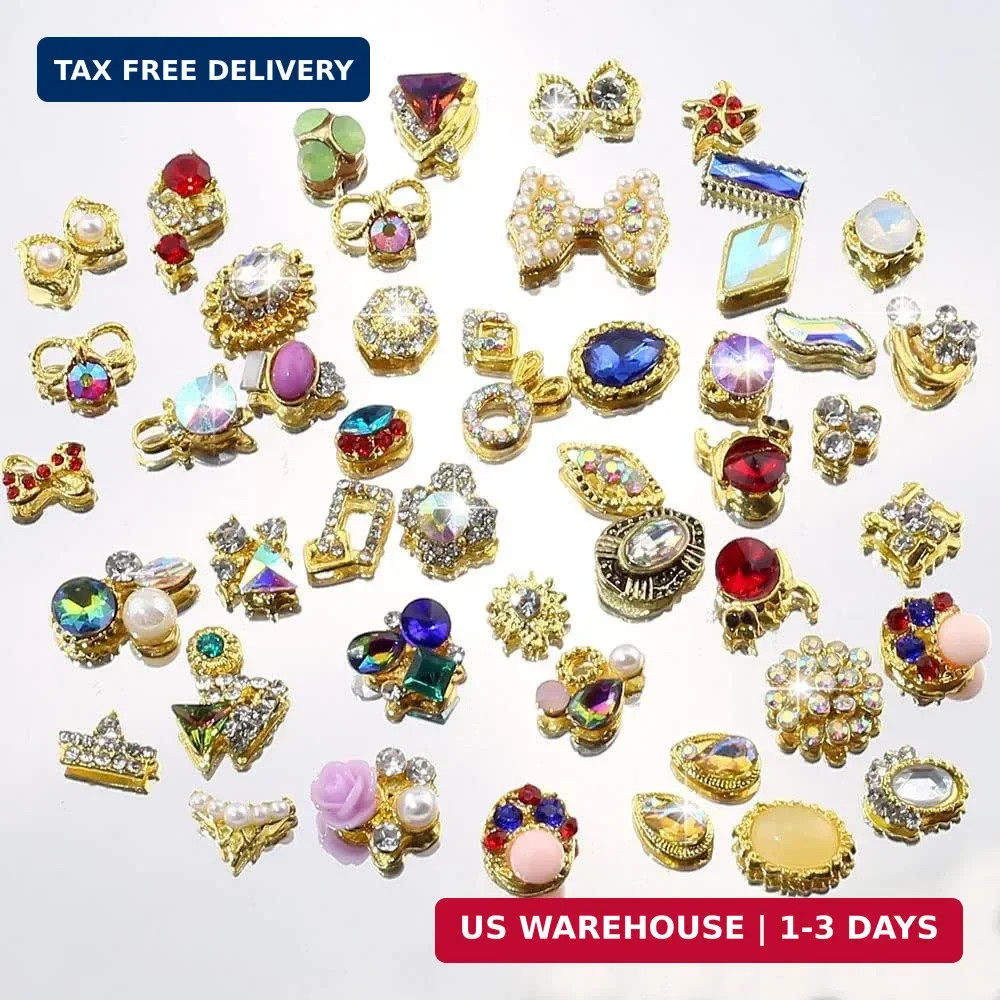 50pcs 3D Gold Nail Charms for Acrylic Nails Mix Styles Rhinestones for Nails Met
