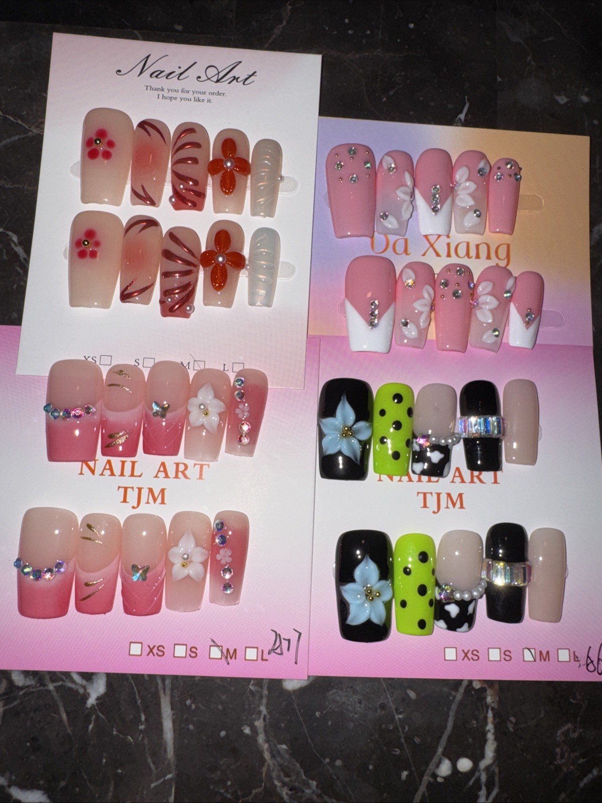Handmade Square Press On Nails Medium 3D Flower French Tip Variety Bundle Size M