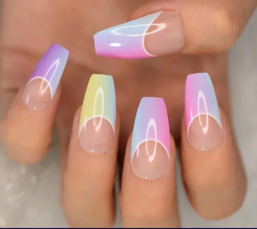 24 Medium Press on nails kit w glue rainbow ombre french clear