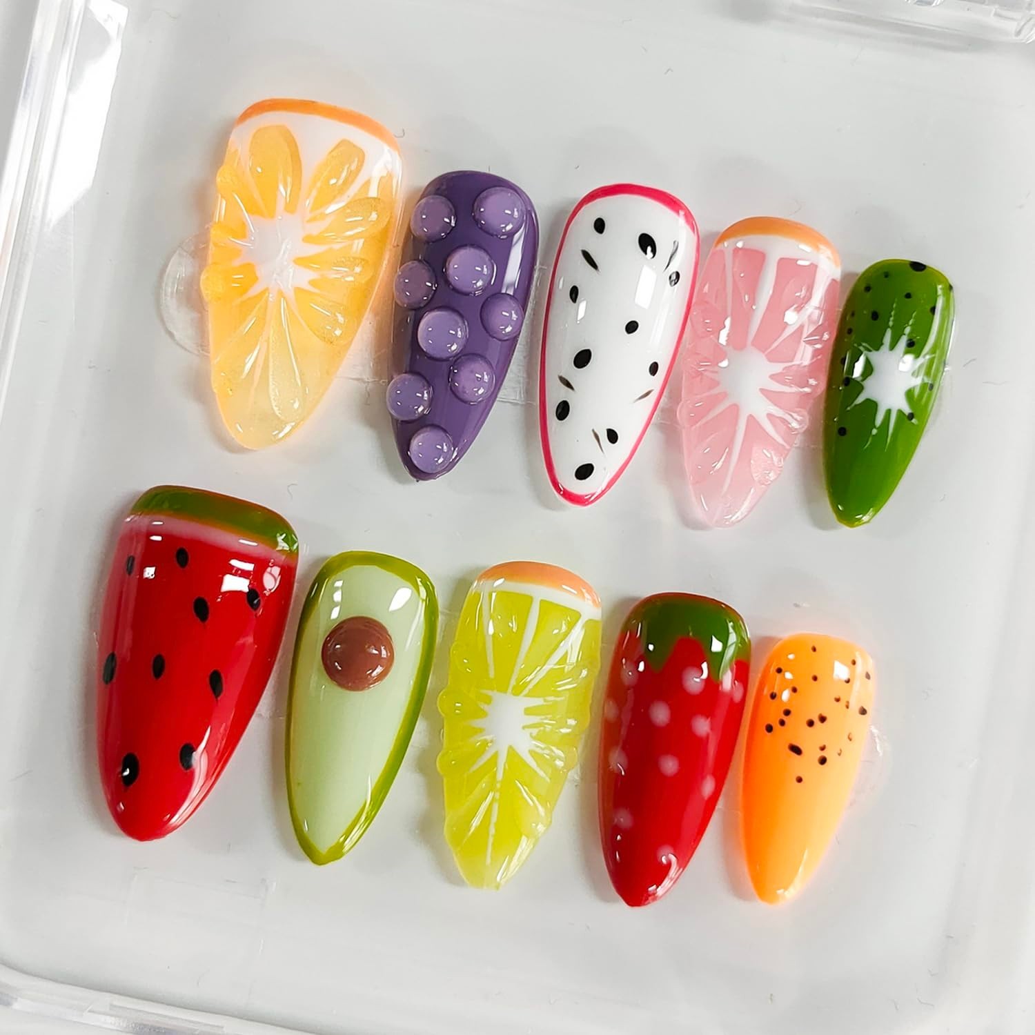 3D Fruit Almond Press-On Nails – Medium Length Cute Thick Acrylic Fake Nails, 10