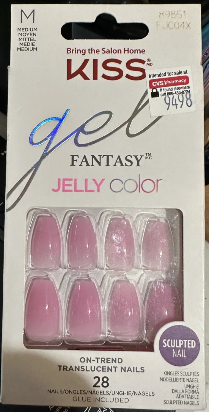 Kiss Nails Glam Fantasy Glue/Press on Medium coffin Pink Jelly flex fit