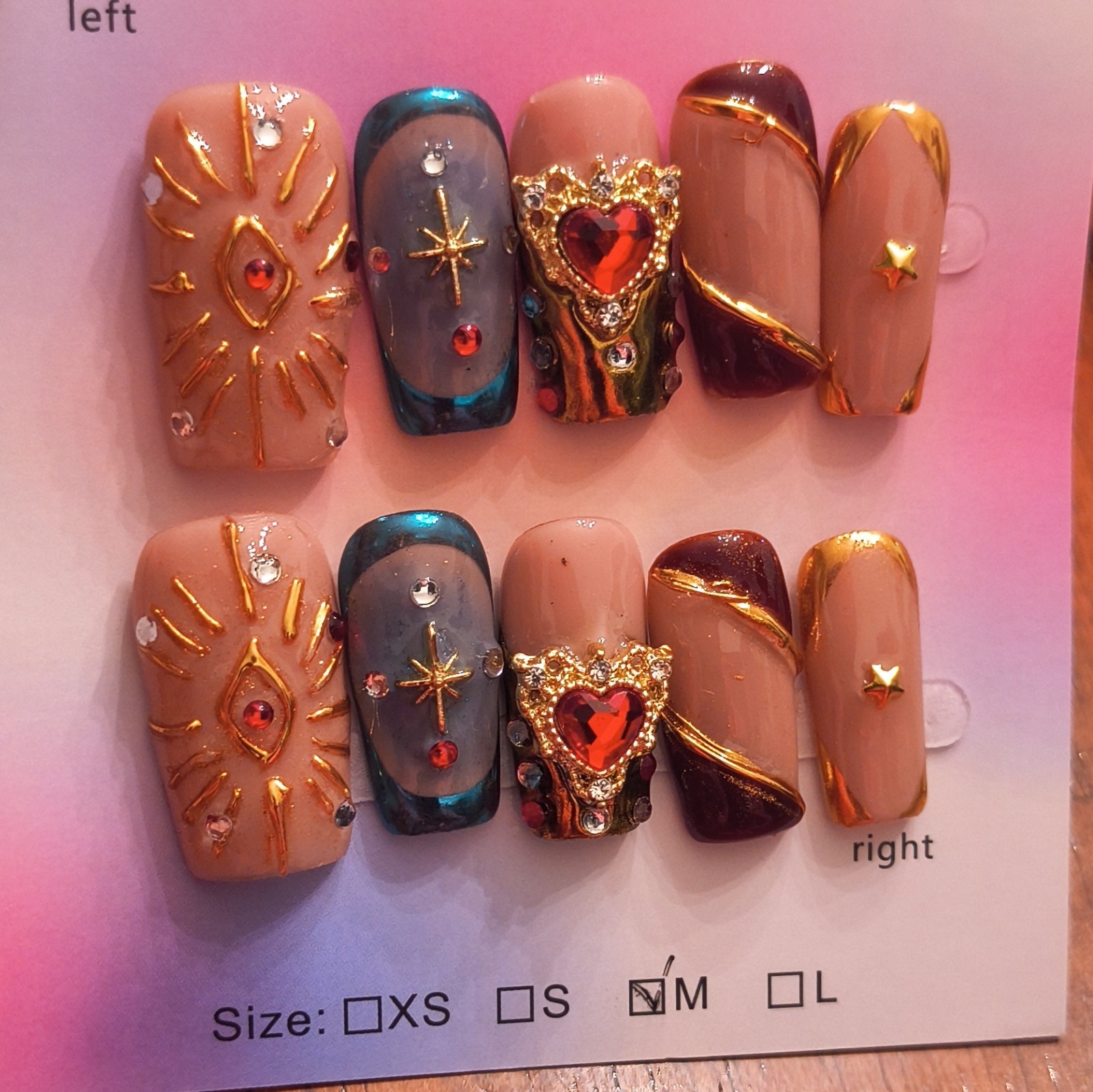 Press-On Nails Medium Square Beige Blue Gold 3D Star Full Cover Pre-Designed