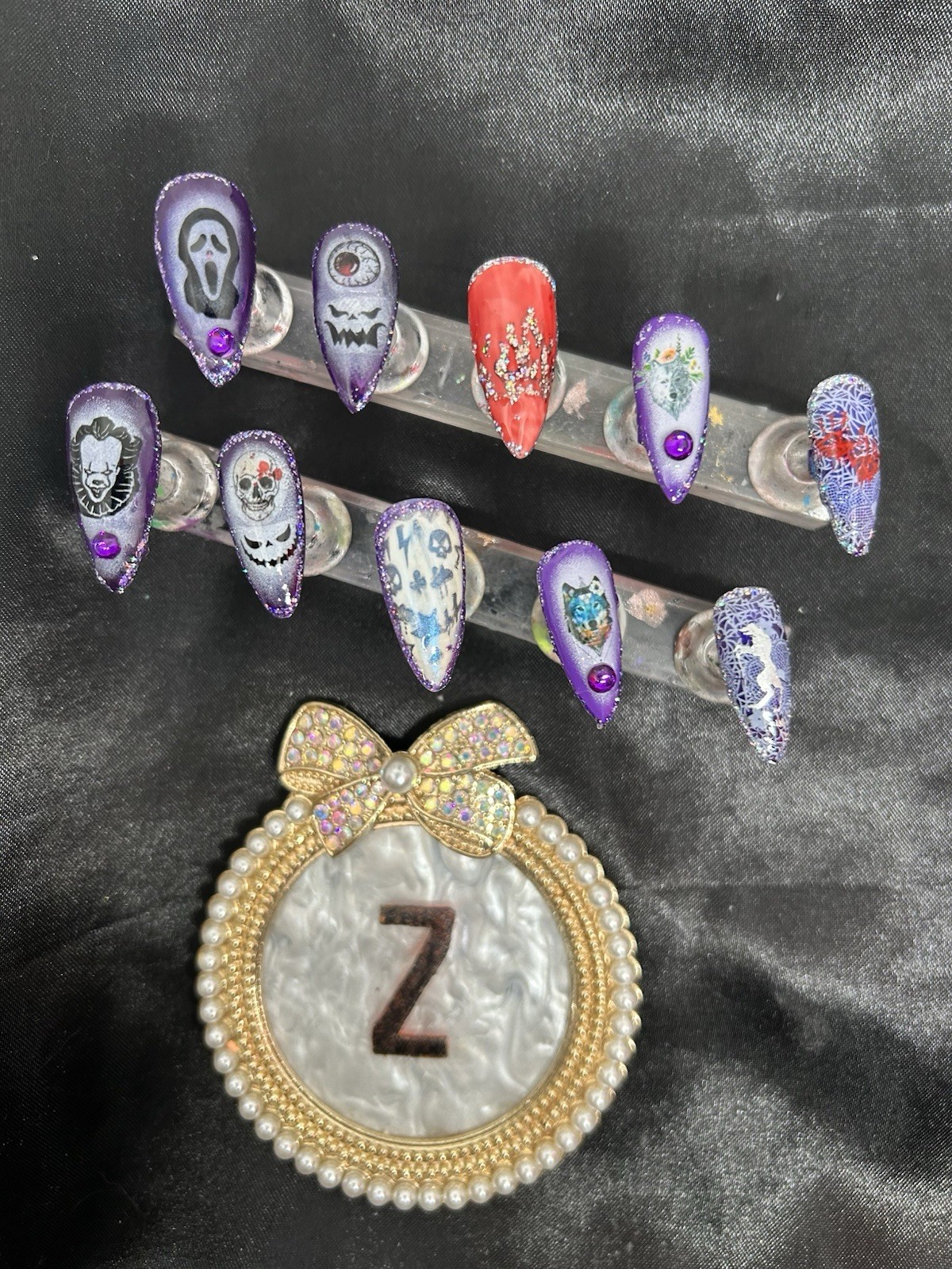 Z NAILZ! Handmade M Almond Purple Halloween With Stickers Press On Nails