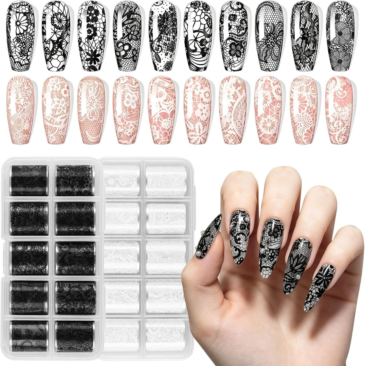 Lace Nail Foils,20 Rolls 2 Boxes Black and White Nail Art Transfer Stickers, Hol
