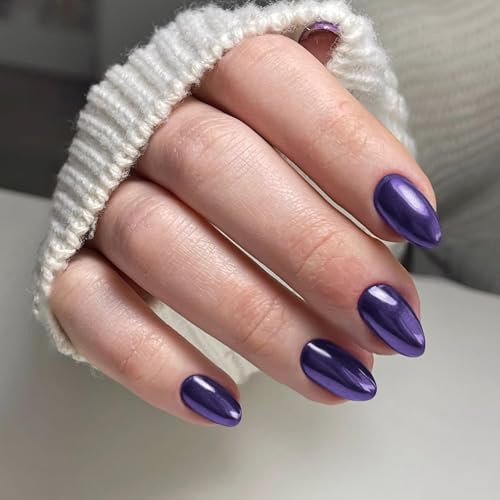 Matte Purple Chrome Press on Nails Short Almond Nails Press oval short purple