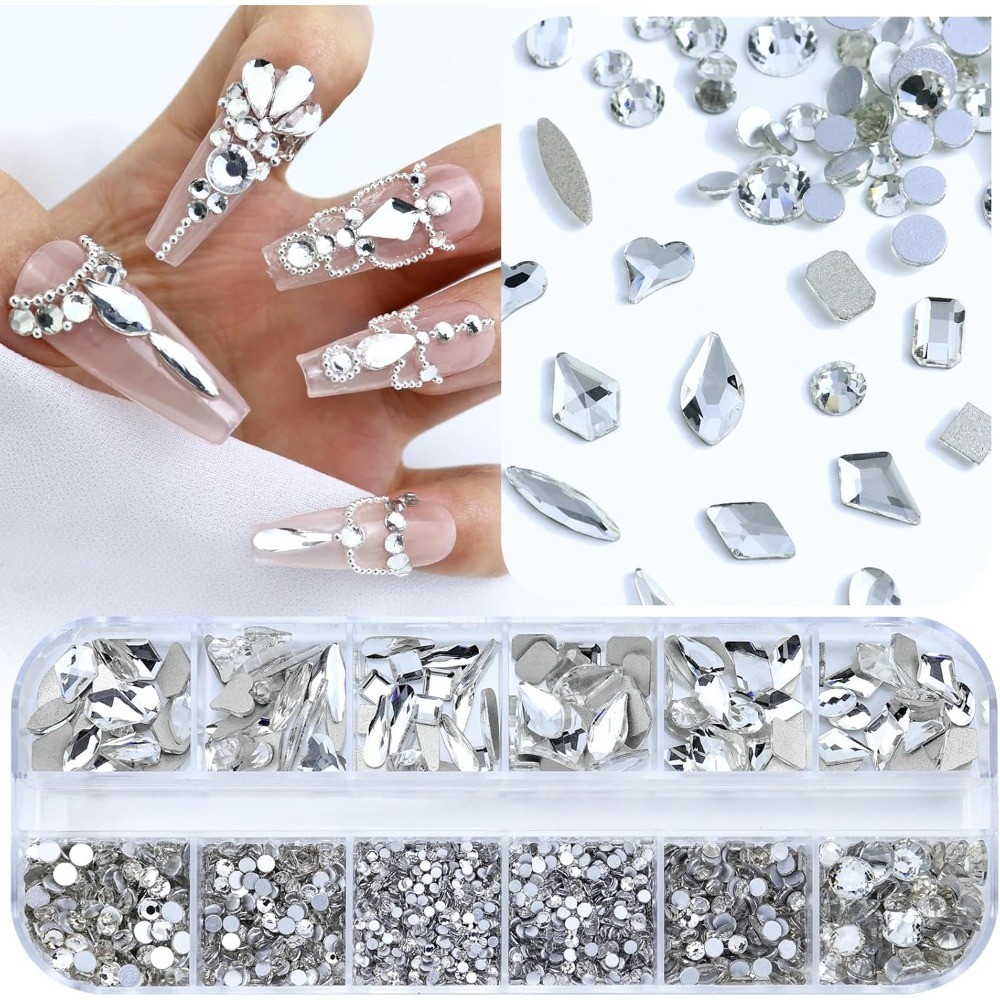 Flatback Rhinestones for Nails 3200PCS Crystal Clear Nail Art Gems 12 Styles 3D