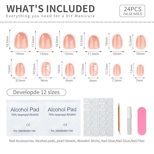 Square Press On Nails Short – Nude Pink French 60-White Flower with Gold Trim