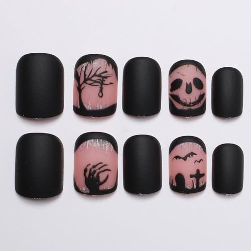 24pc Halloween Press On Nails Square Matte Acrylic Skull Bat French Tip Full Cov
