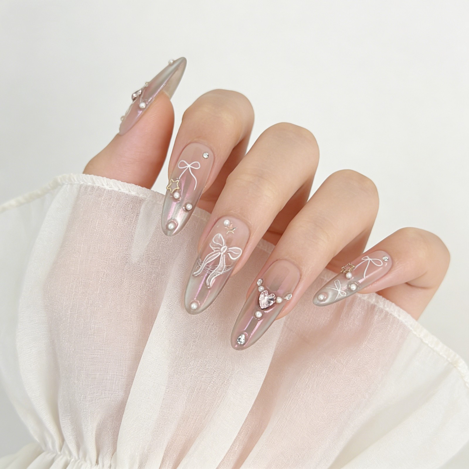 Pink Aurora Bow Press On Nails Almond Pearl Rhinestone Reusable Glue On Set