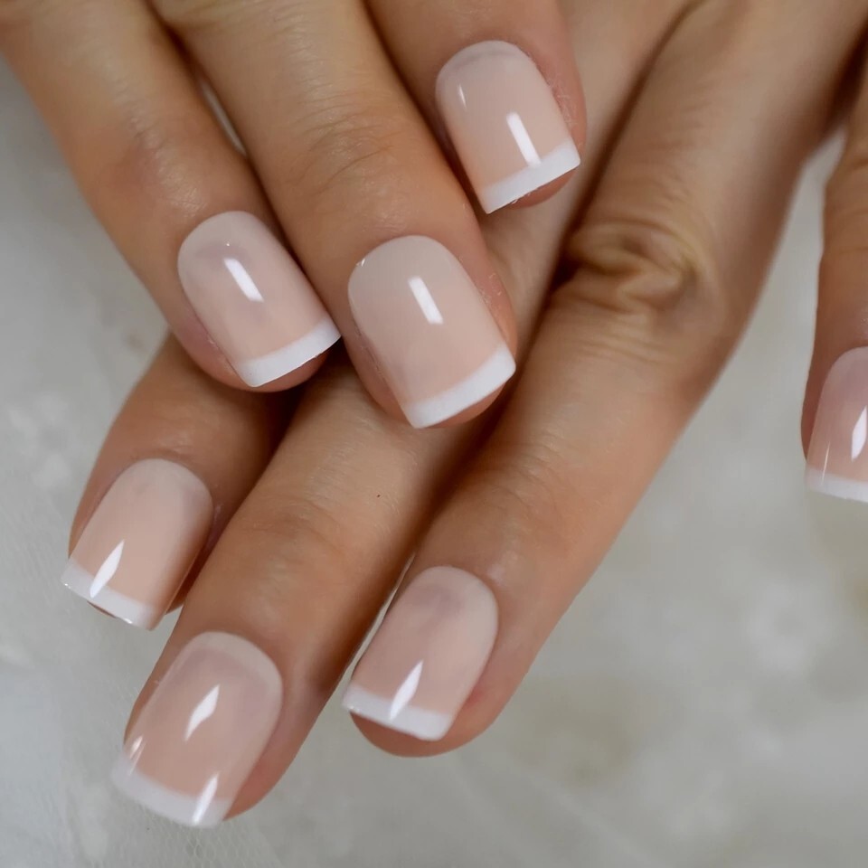 24 Short French mani White tip Press on nails set with glue fun baby boomer natu