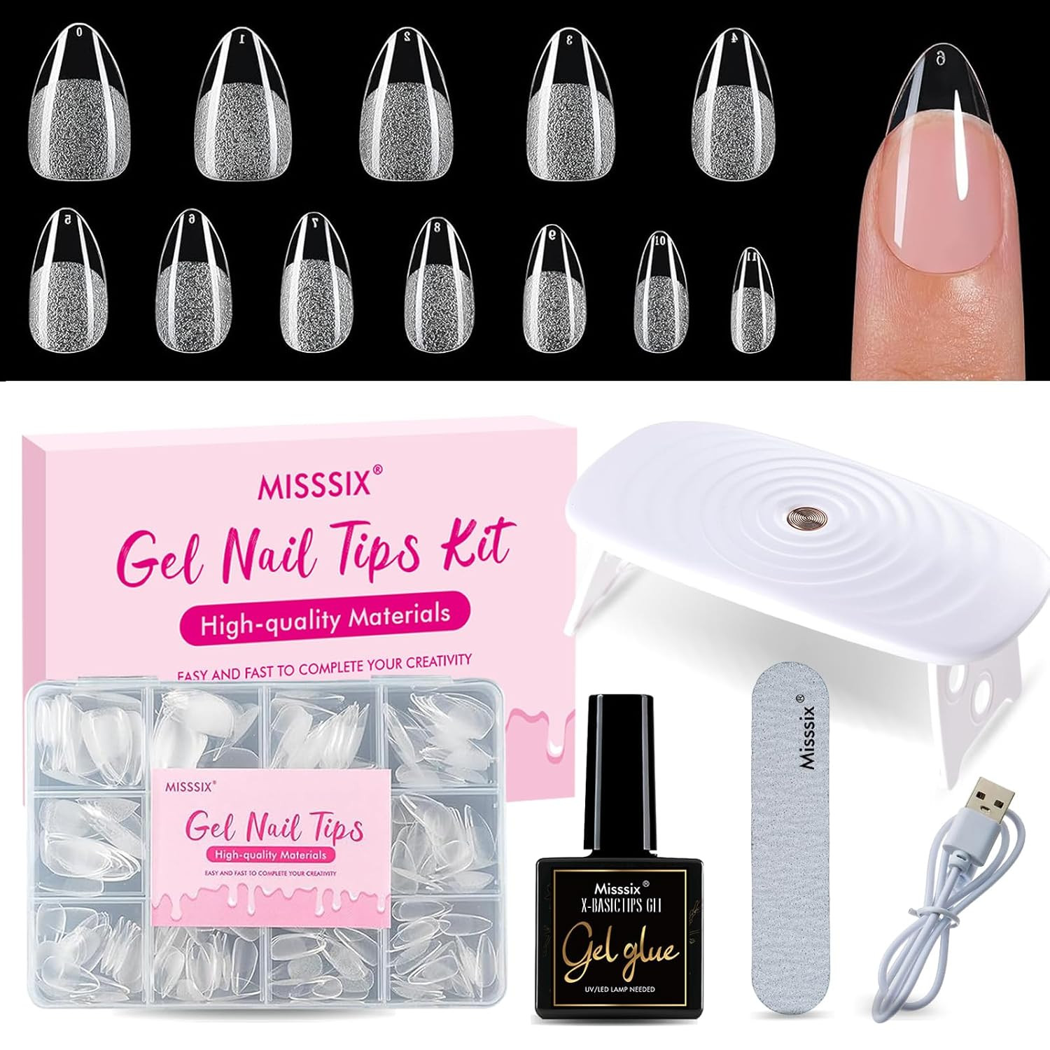 Short Almond Nail Tips Kit, 360Pcs Pre Etched Clear Gel X Fake Nails, Full Cover