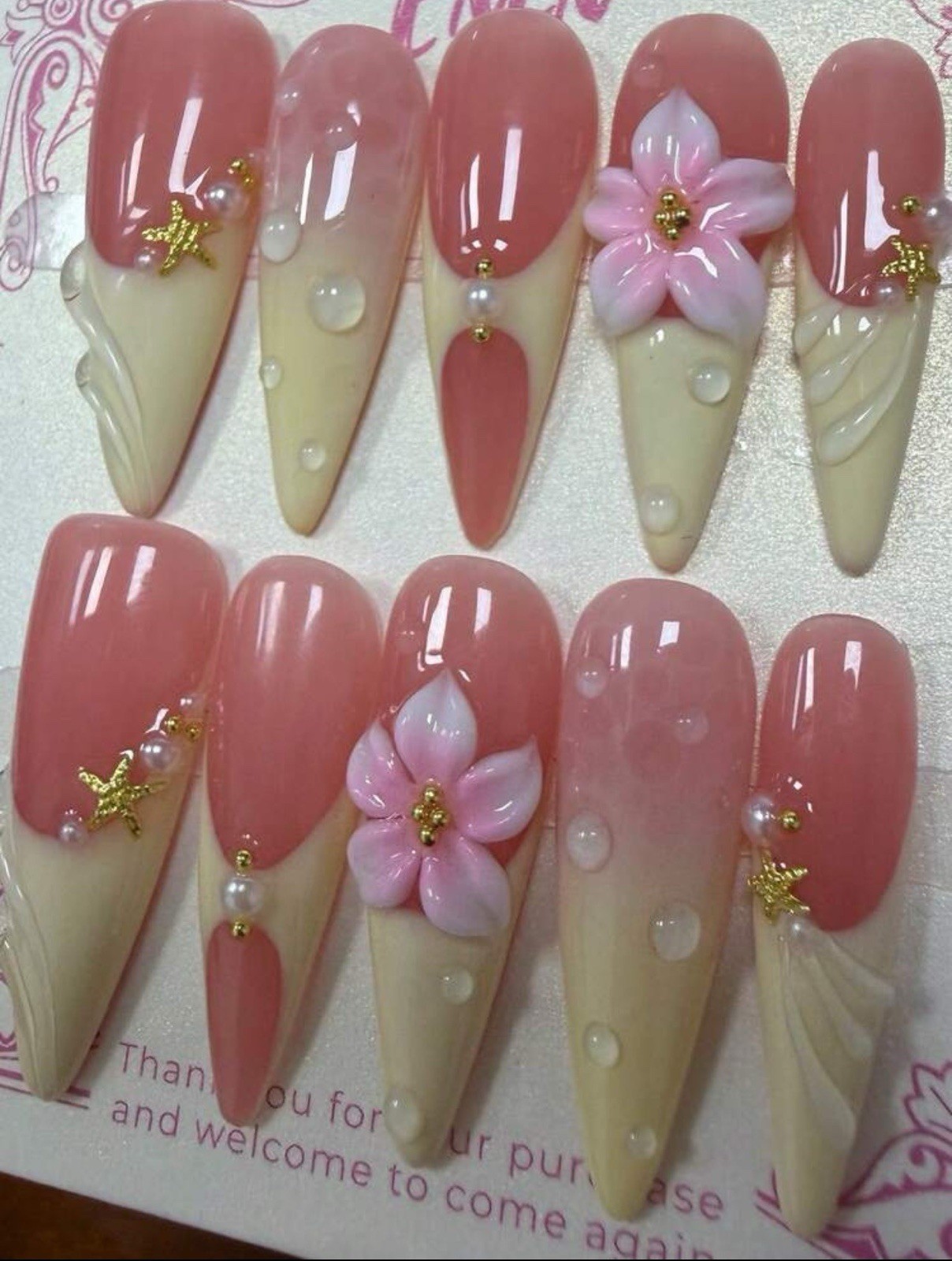 ENEN Medium Almond 3D Floral Press-On Nails Pre-Designed Pink Ivory