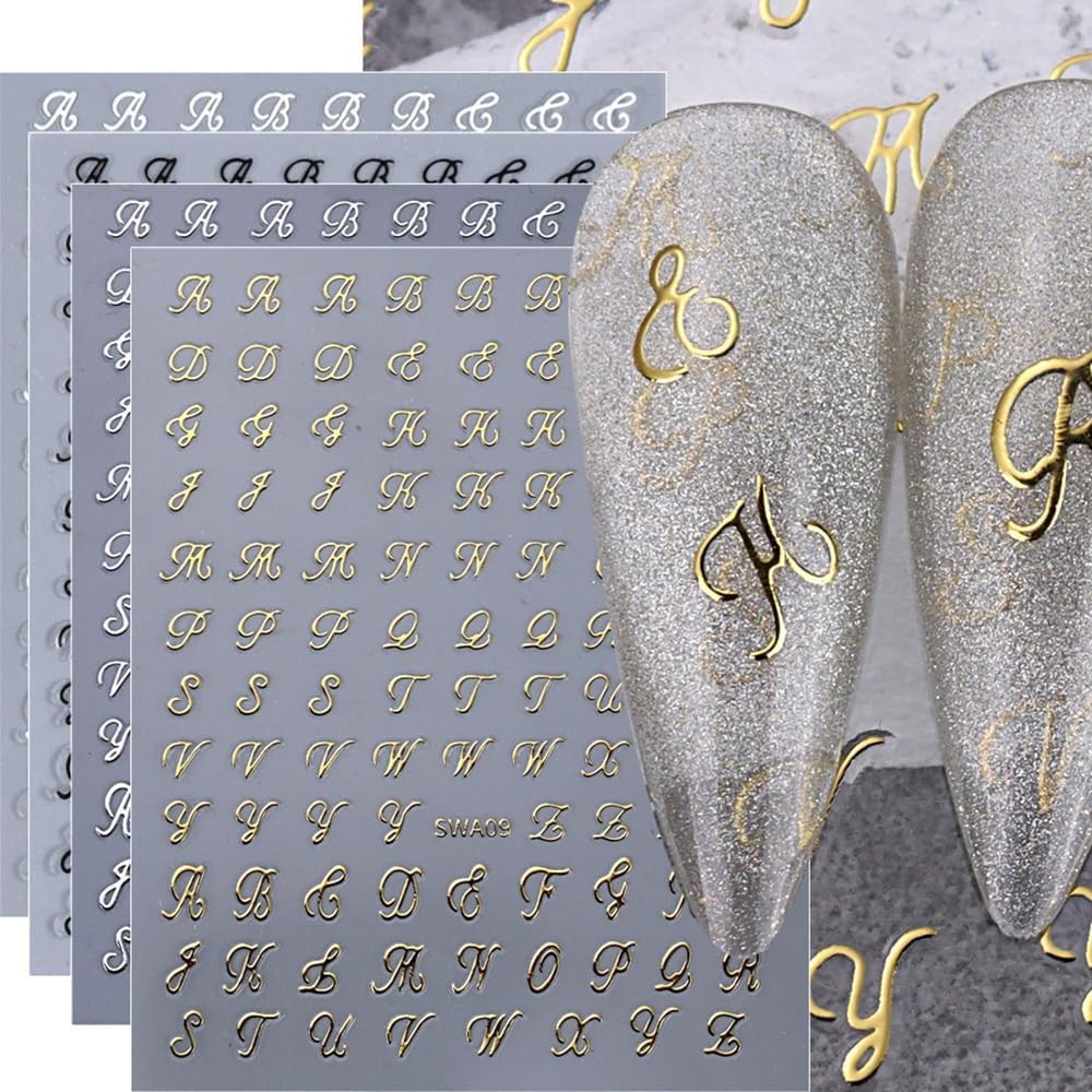 Letter Nail Stickers, 8 Sheets Old English Gold, Silver, Black and White