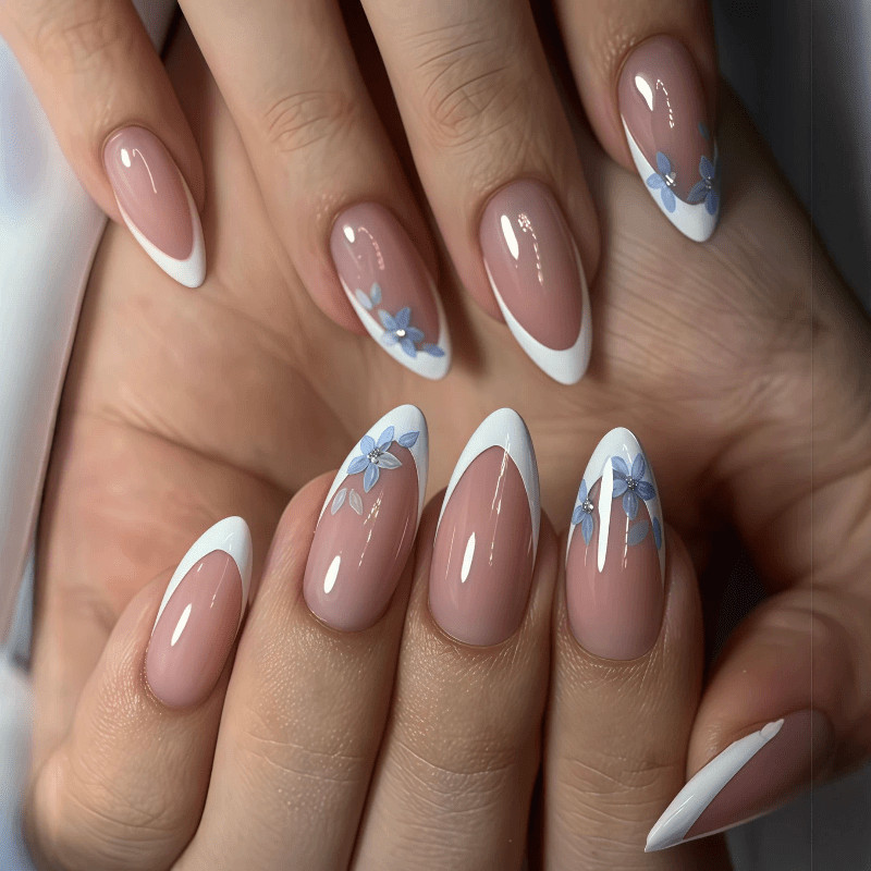 60pcs Medium Almond Press On Nails, Nude Pink Base With White French Tip