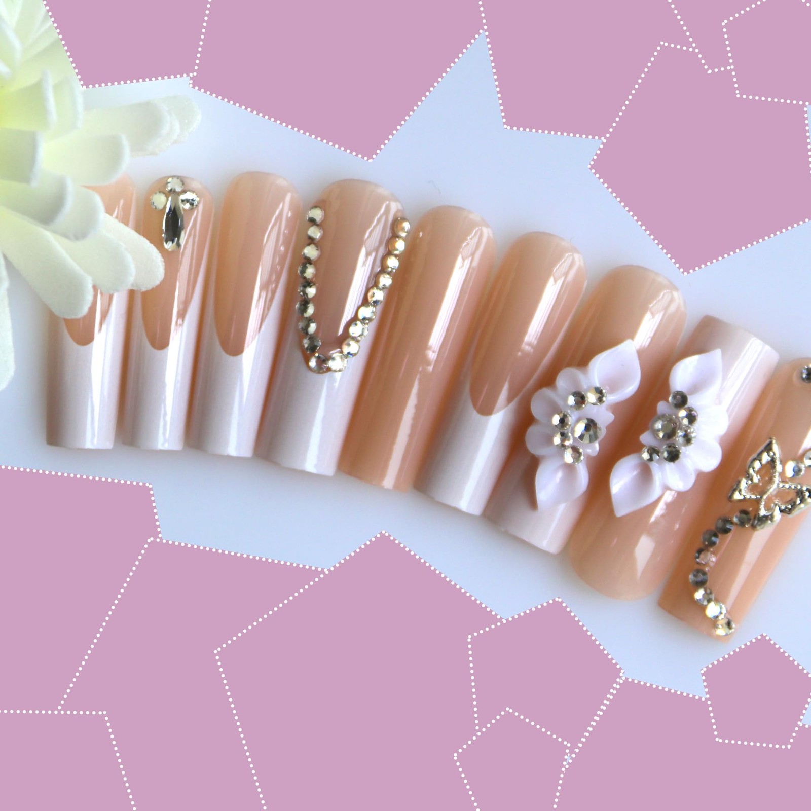 Floral Press on Nails Kit French Tip Nails Press Ons Long Silver butterfly Rh…