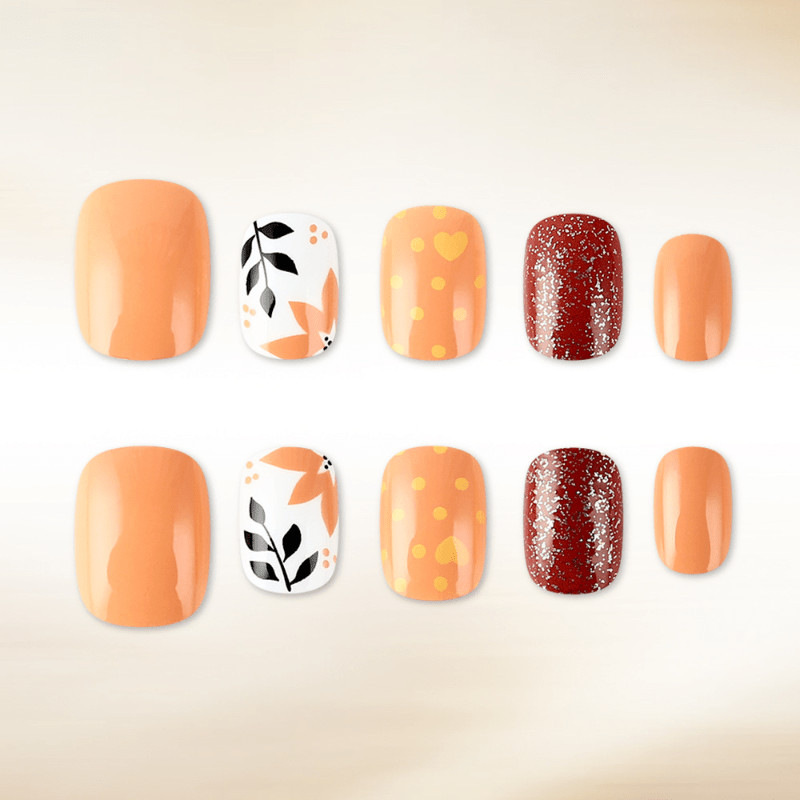 48Pcs-Short Square Autumn Orange Leaf Polka Dot Heart Glitter Press on Nails Set