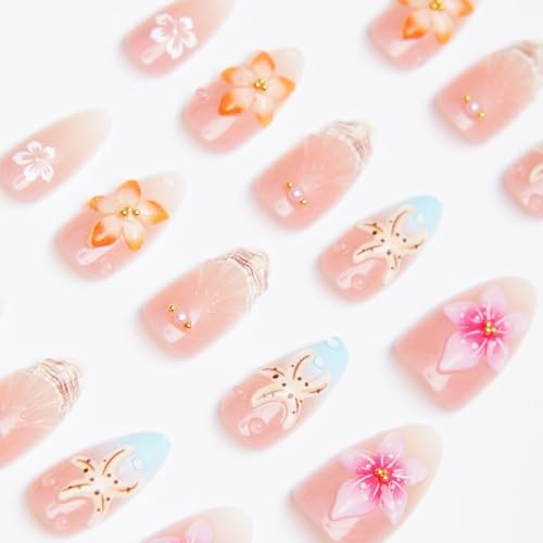 30Pcs Summer Beach Press On Nails – French Almond Shape – Ocean Theme – 23
