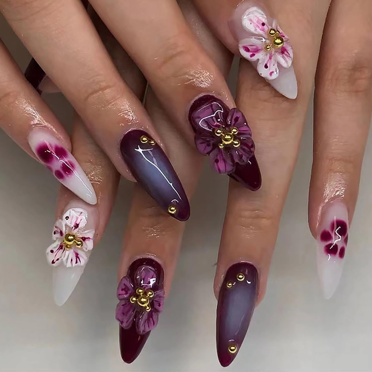 Press on Nails Medium Length Almond Shaped 3D Flower False Nails with Gold Rhine