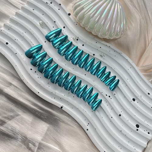 Teal Blue Chrome Press on Nails Medium Almond, Mirror Metal almond teal