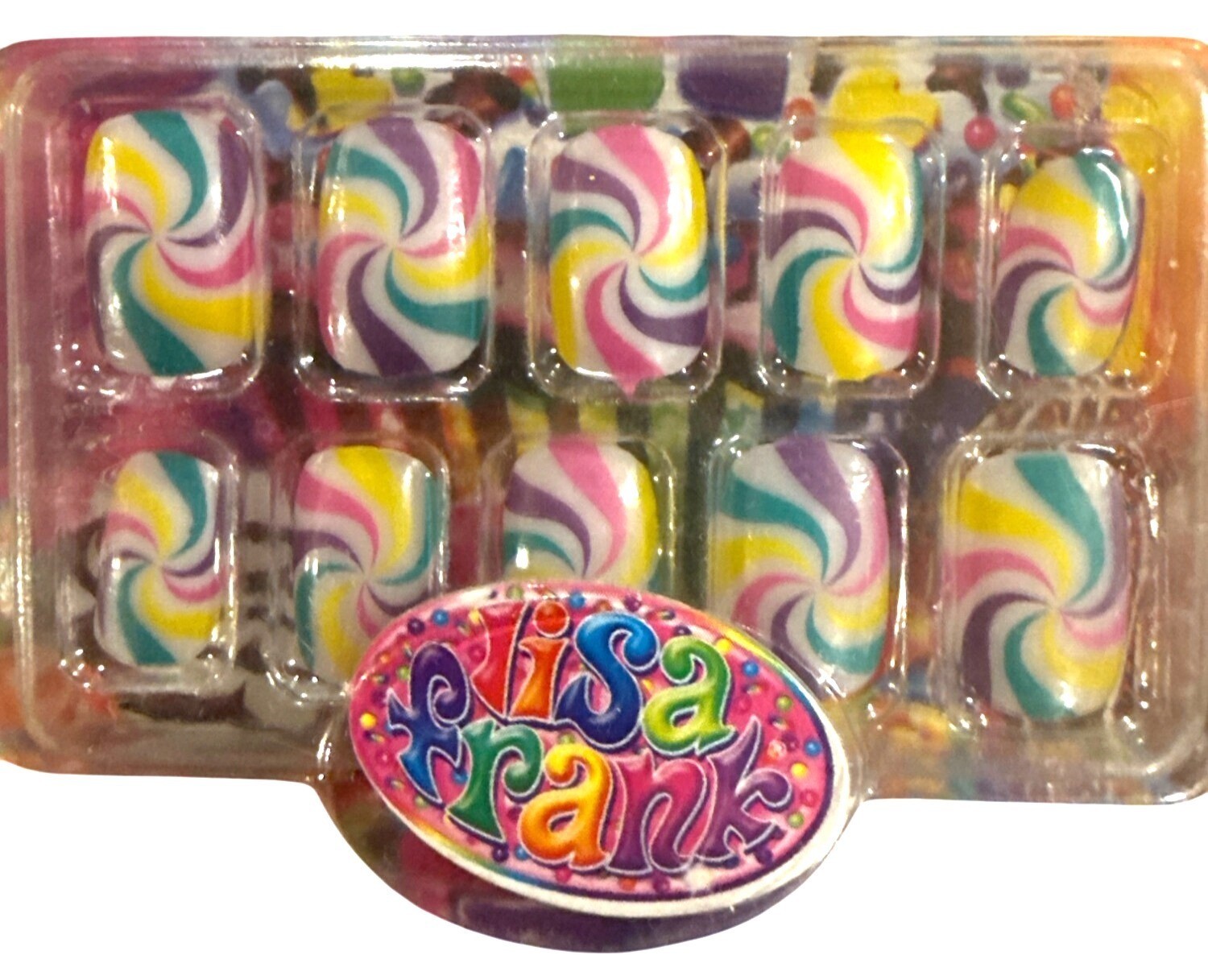 LISA FRANK 10 Press-On Nails Short SQUARE Glossy Blue+Green+Yellow+Pink SWIRL 3+