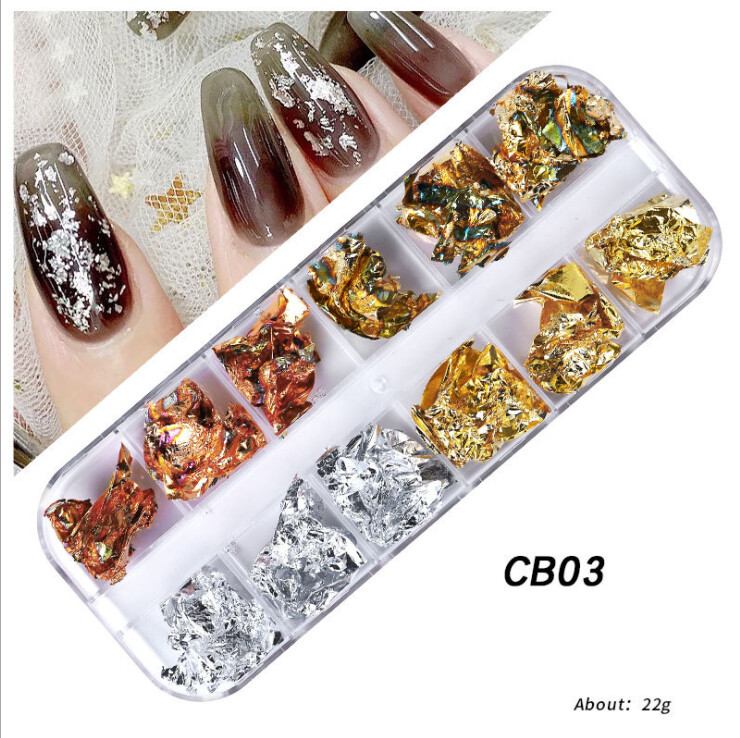 12 Grids Nail Art Gold Silver Foils Paillette Chip Flakes Wraps Decor Nails Tips