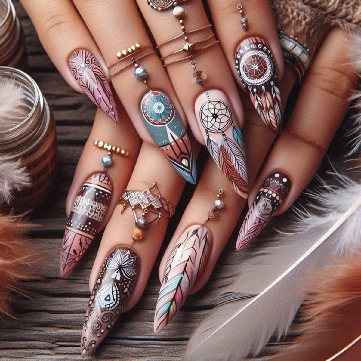 96PCS Press on Nails Feather Peacock Long Stiletto Colorful Reusable Fake Nails