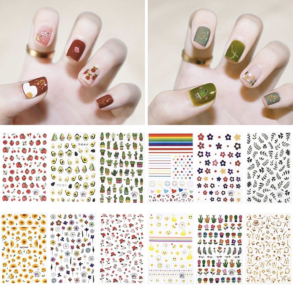 12 Sheets Nail Art Sticker Assorted Designs Flowers Fruit Rainbow