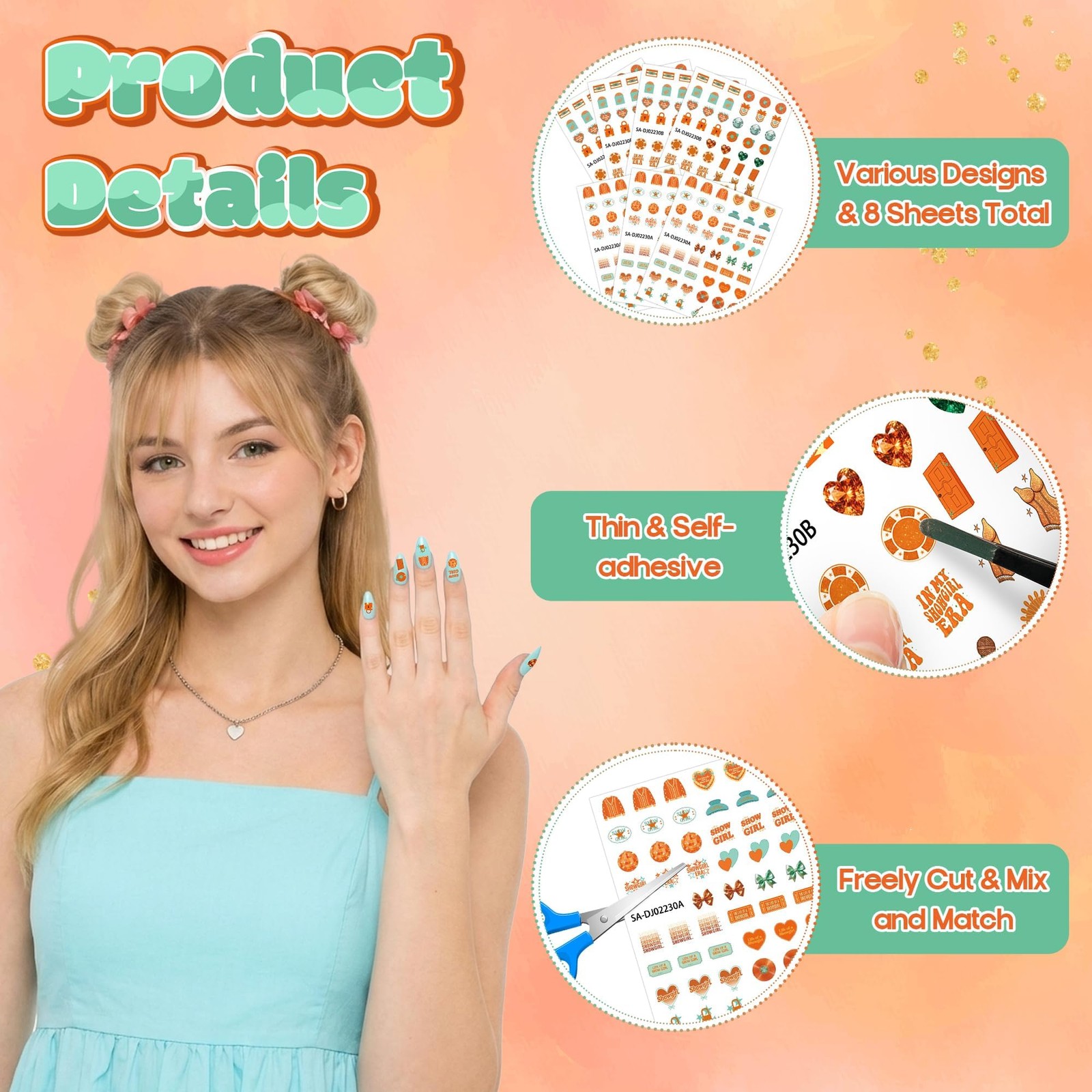8Pcs Singer Inspired Nail Stickers 3D -Adhesive Colorful Summer DIY Nail Art …