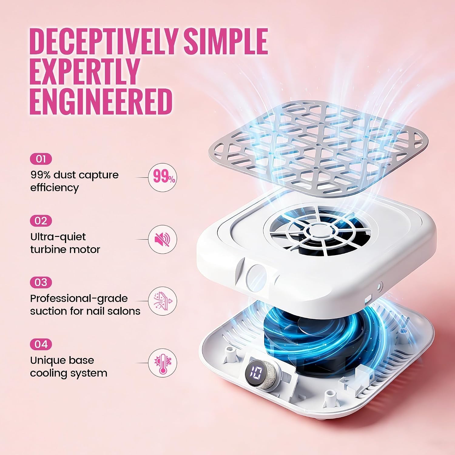 White Acrylic Nail Dust Collector with Digital Control & Whisper-Quiet Operation