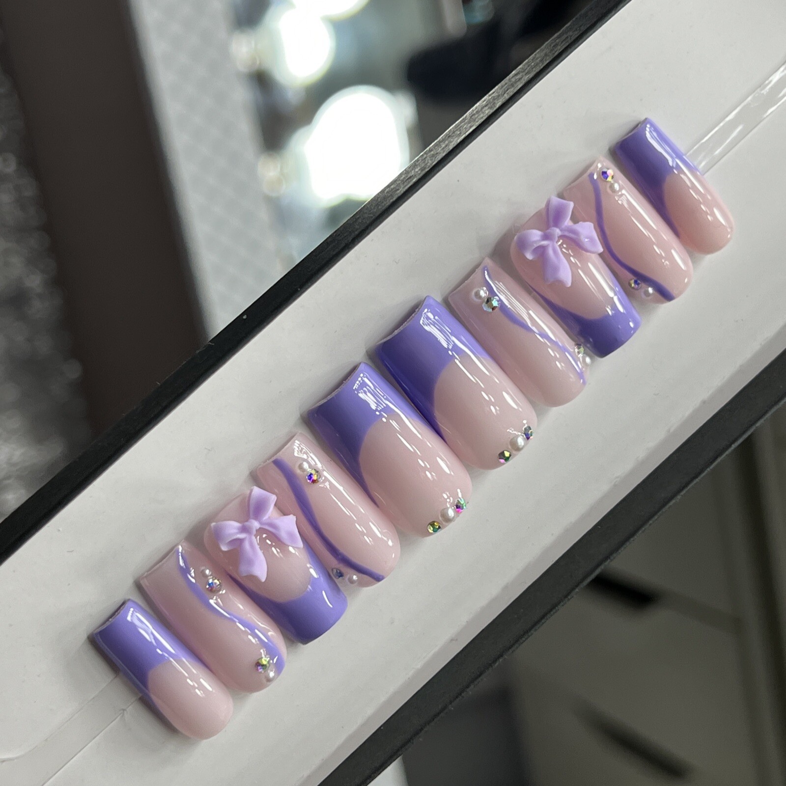 💜 CUSTOM Press On Nails FRENCH PURPLE W BOW PEARLS BLING 10p SET W Kit