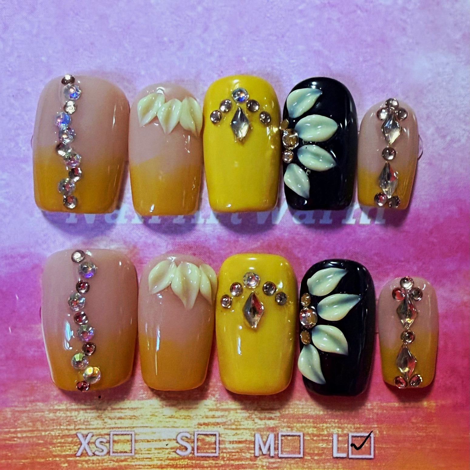 Yellow/Nude/Black 3D Rhinestone Square Press-On Nails, Short size large