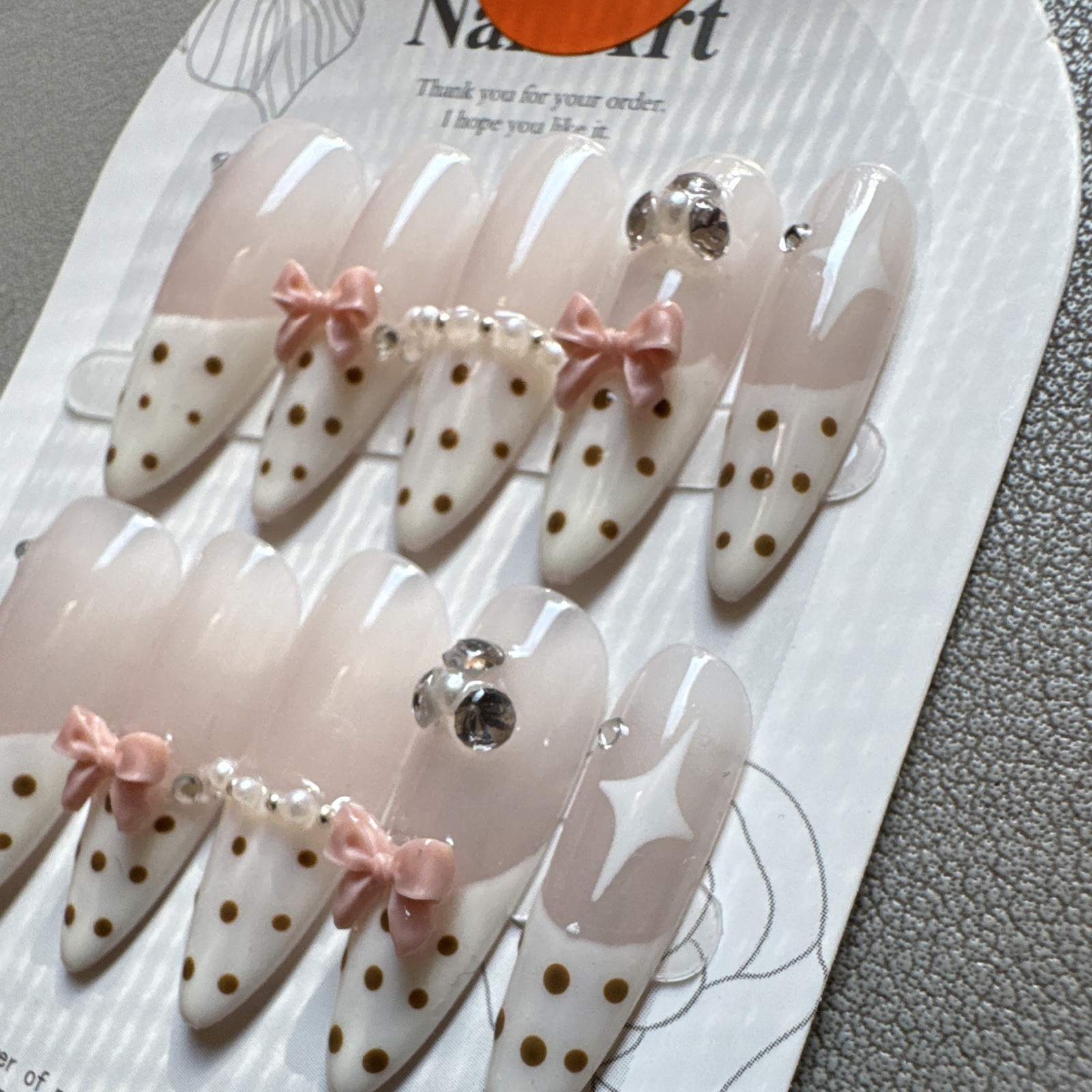 Press-On Nails Short Almond White/Pink/Gold 3D Bow Full Cover Pre-Designed