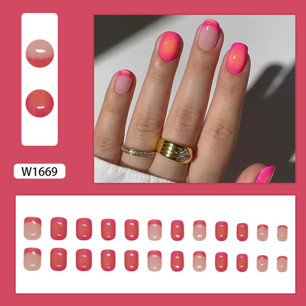 Short Square Press on Nails French Fake Nails Summer Glue on Nails Hot Pink A…