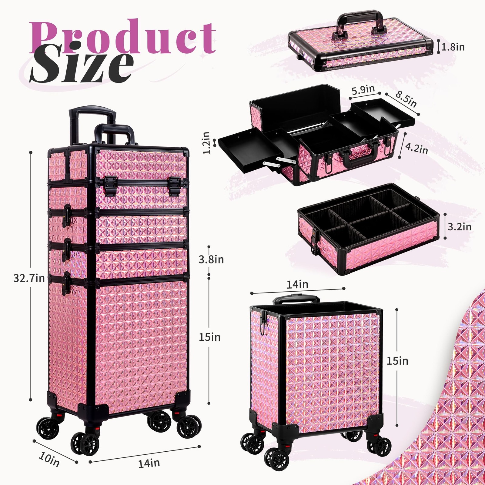 AROUS 5 in 1 Rolling Makeup Train Case Cosmetology Case on Wheels Large Cosme…