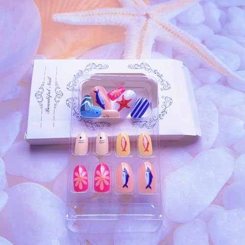 Summer Ocean Press on Nails – Short Oval Fake Nails – Summer Ocean Nails