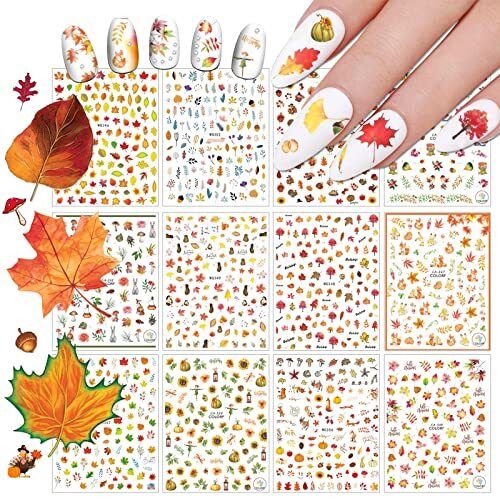 12 Sheets Fall Nail Art Sticker Decals, Self Adhesive Maple Leaf-12 Sheets