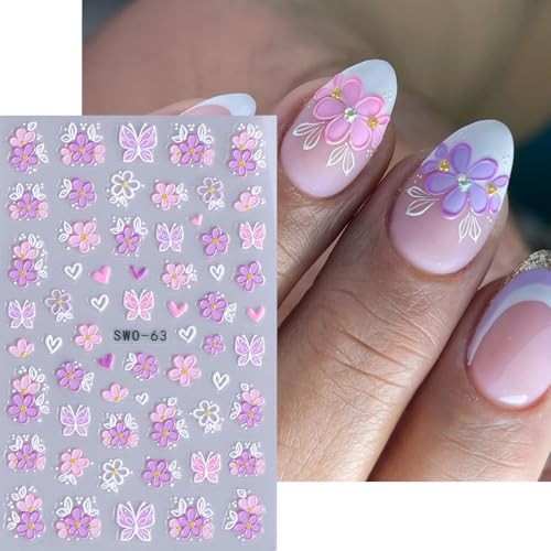 2 Sheets Spring Flower Nail Art Stickers Decals 5D Embossed Nail Decals Self W5