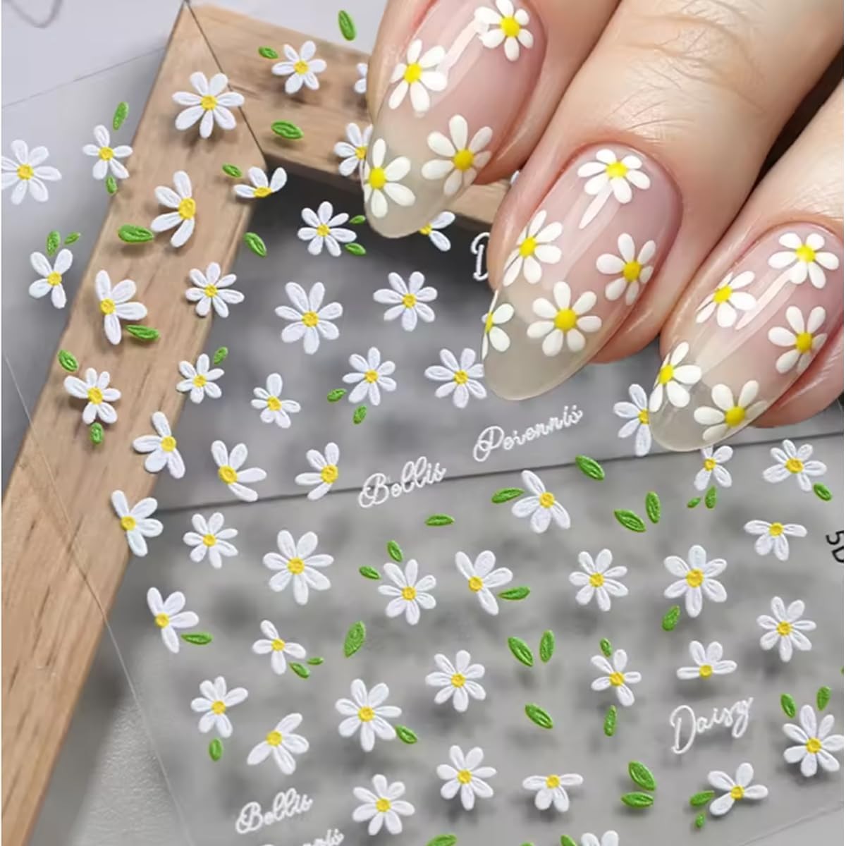 2 Sheets 5D Flower Nail Art Stickers Decals Embossed Daisy Nail Decals Bee La…