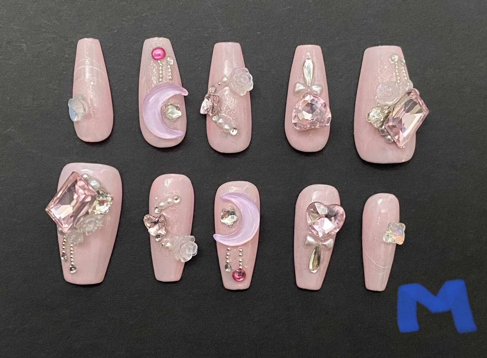 Diamond Shine Pink Nails- Custom Gel Press on Nails Handmade 10 pc set MEDIUM