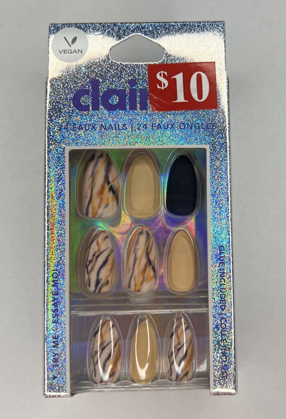 24pc Claire’s Fake False Press On Glue On Black Buff Color Marble Brown Nails