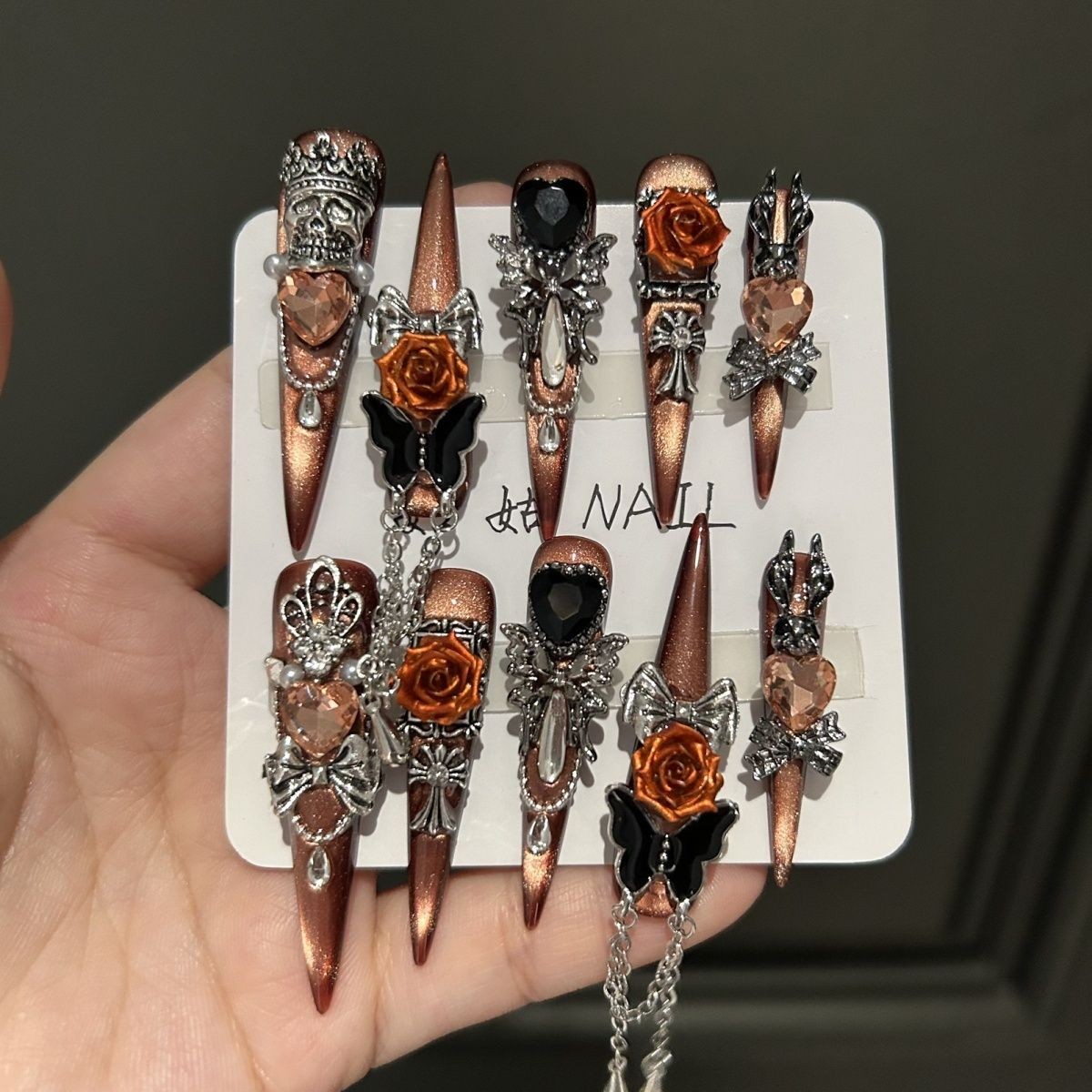 Dark Luxury Handmade Black Press On Nails Long Full Diamond