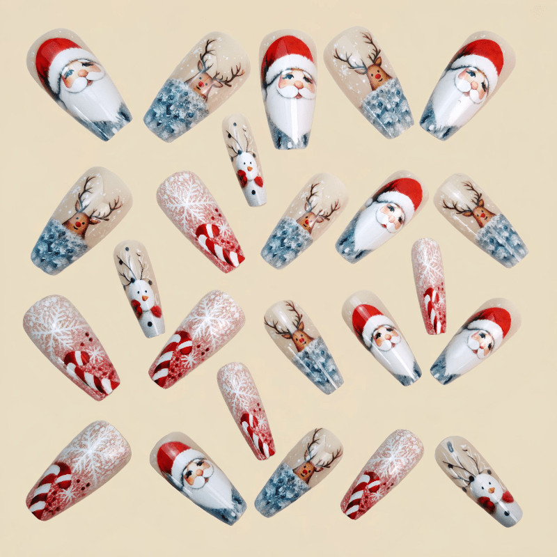 48P Long Coffin Press on Nails, Silver Glitter Santa Reindeer Holiday Fake Nails