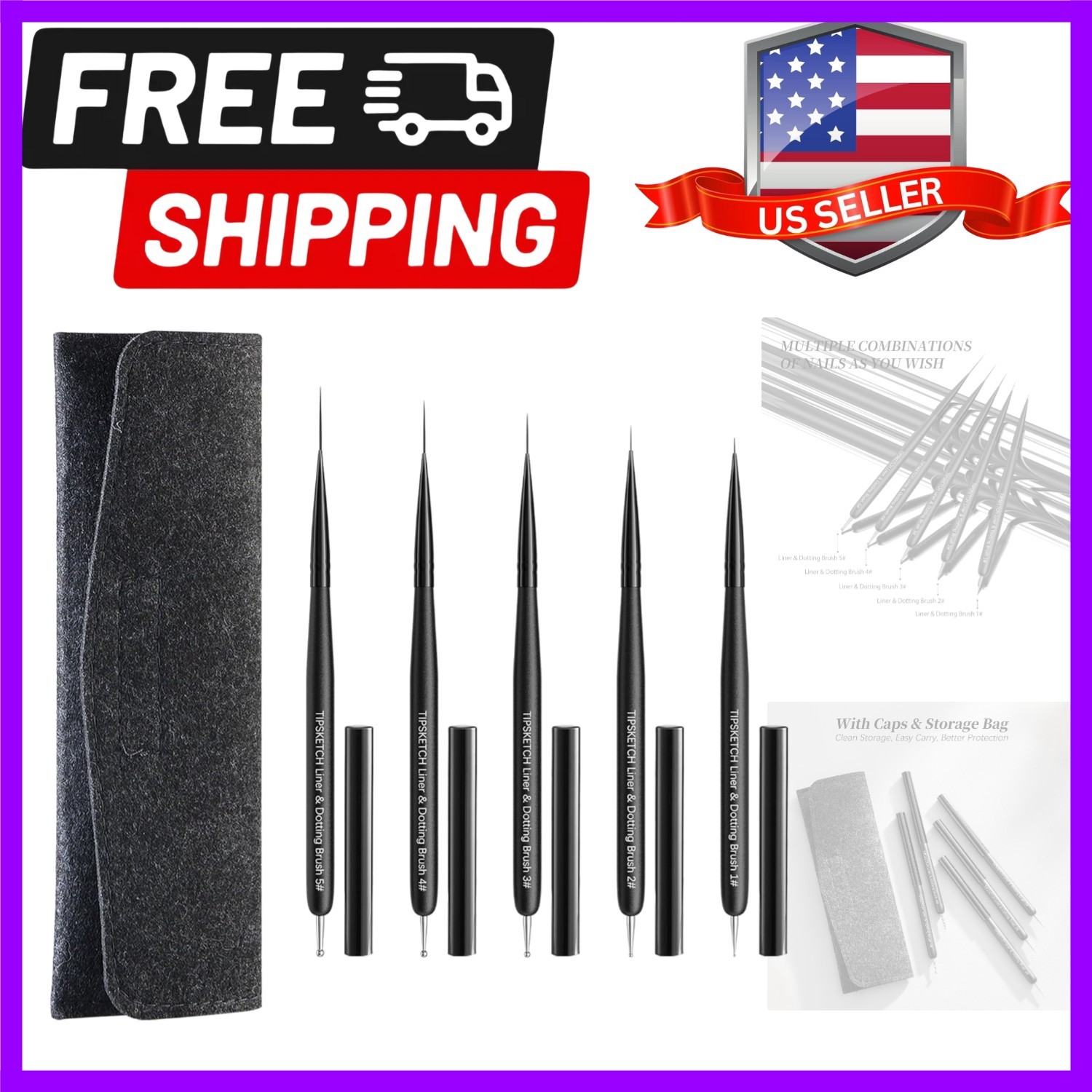 Nail Art Liner Brushes 5Pcs with Caps & Bag,Double‑Ended Thin Liner & Dotting…