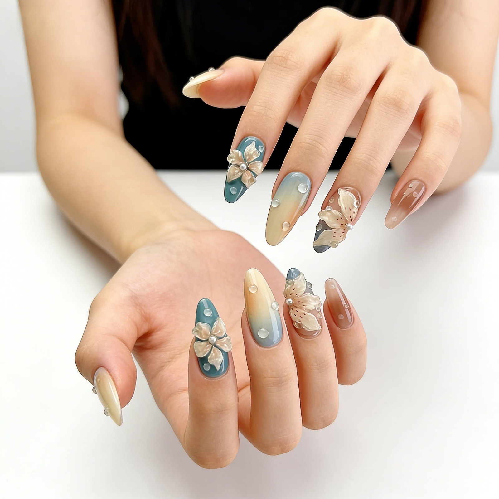Blue Orange Flower Press On Nails Medium Almond 3D Waterdrop Glue On Set