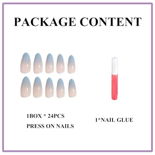 Almond Press on Nails Medium Fake Nails Ombre Blue French Tip 7024 Blue