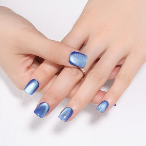 Royal Blue Press on Nails – Short Square – Cat Eye Fake Nails – B01 – Ice Blue