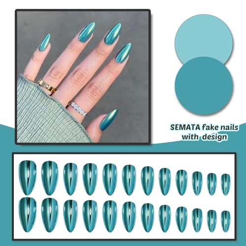 Teal Blue Chrome Press on Nails Almond Medium Acrylic Nails Press 39-Teal Blue