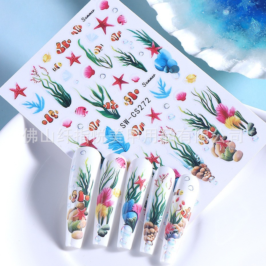 2Pcs Set Nail Stickers Clownfish Seaweed Starfish Ocean Peel Off Decor NH30